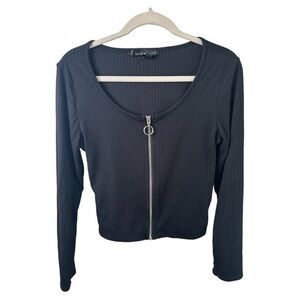 Derek Heart Sweater Womens Large Black Ribbed Full Zip Boat Neck Long Sleeve Y2K